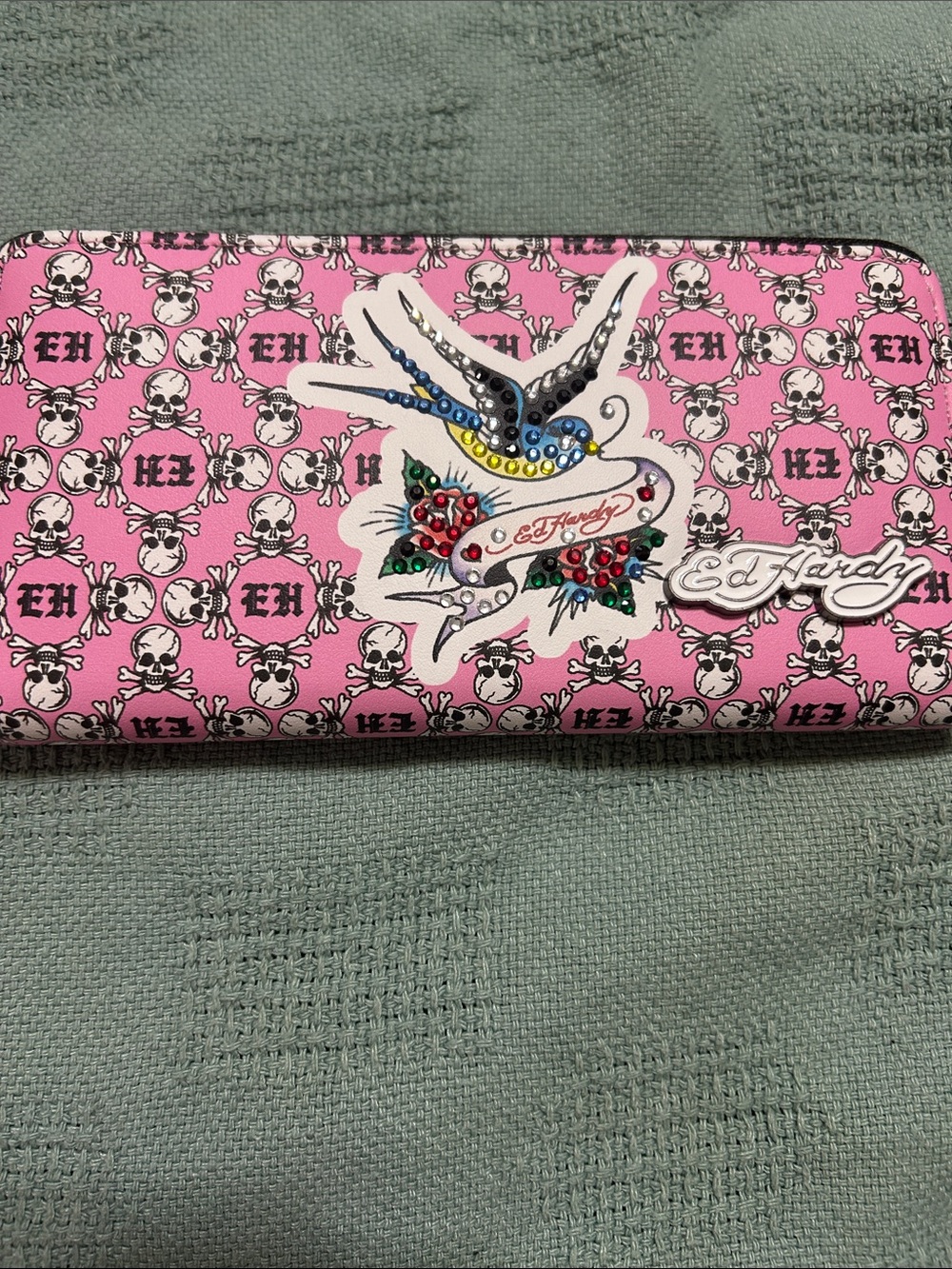 Ed Hardy Pink Skull Print Zip Wallet with Studded Bird Motif